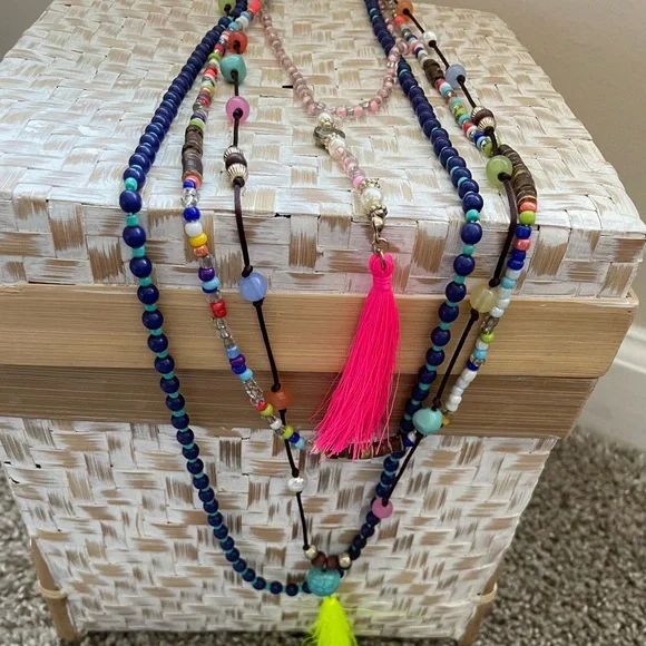 Layered Beaded Corded Boho Necklace with Tassels Mixed Glass Wood Acrylic Beads - Picture 2 of 4